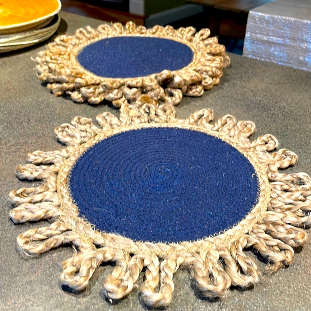 4 Cotton and Jute 15 inch placemats.  Blue and natural. Very summery and chic